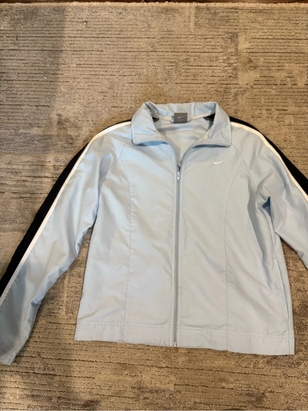 Nike Baby Blue Women’s Track Jacket with Black and White Stripes